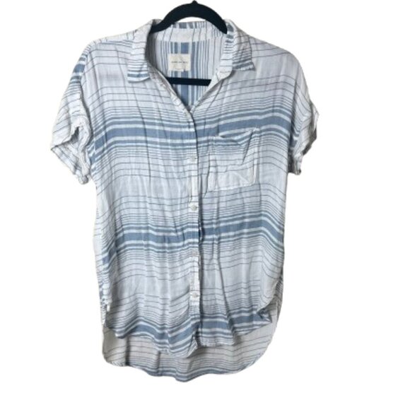 AMERICAN EAGLE Semi Sheer Blue White Striped Gauze / Linen Blouse Top Size Small - Picture 1 of 10